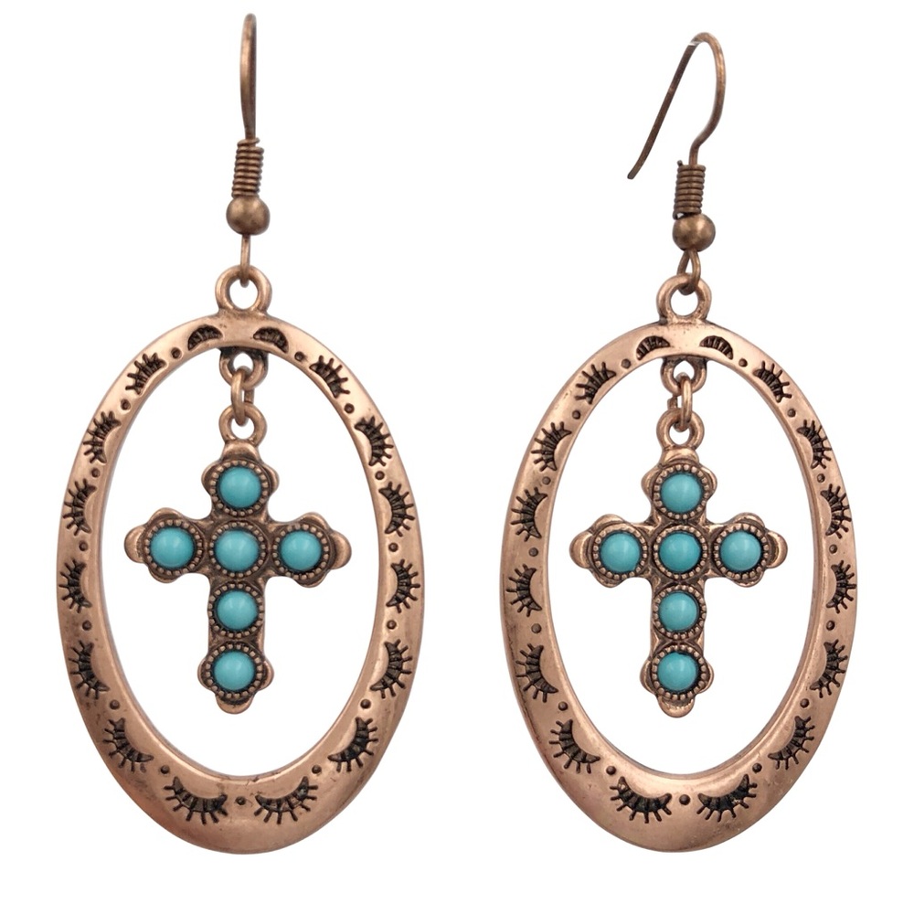 Copper Tone Blue Dot Christian Cross Western Style Dangle Earrings